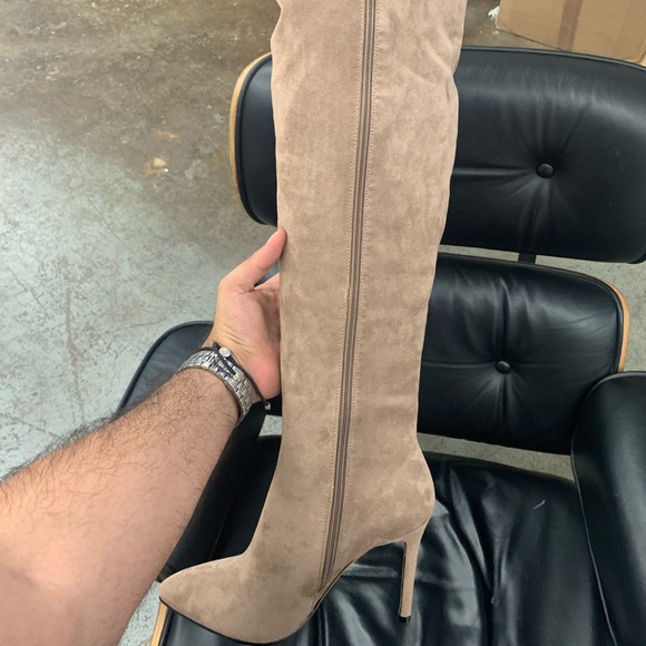 Pointed Toe Knee High Stiletto Heel Boot in Beige Faux Suede, Women’s - Picture 5 of 12